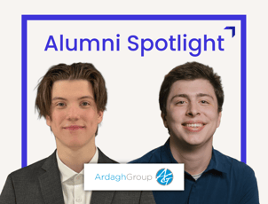 Two young men wearing dark shirts sit under a headline that says Alumni Spotlight. 