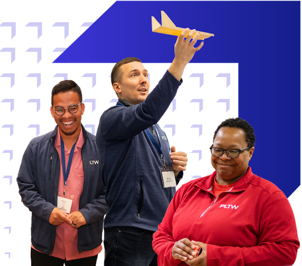 Three PLTW team members with wayfinder logo background