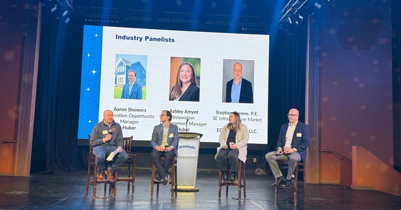 Pictured above, from left to right, are panel facilitator Glade Montgomery, Ph.D., Senior Vice President of Strategic Partnerships at PLTW, along with panelists Aaron Showers, Innovation Opportunity Manager at Huber; Ashley Amyot, Innovation Development Manager at Huber; and Stephen Greene, Infrastructure Market Lead at ECS Southeast, LLC. 
