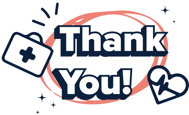 Text that reads Thank You and is surrounded by two icons: a first aid kit and a heart