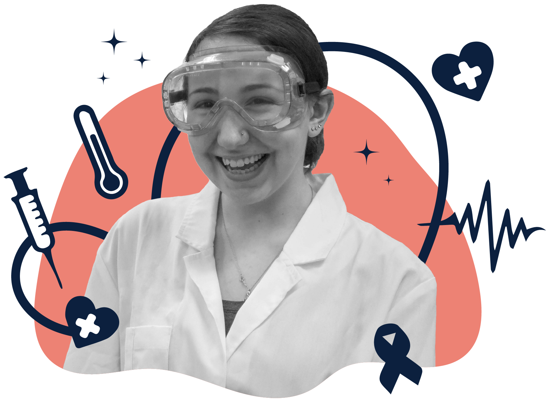 A female high school student smiling and wearing a white lab coat and goggles. Icons related to biomedical science, including a thermometer and heart, surround the image