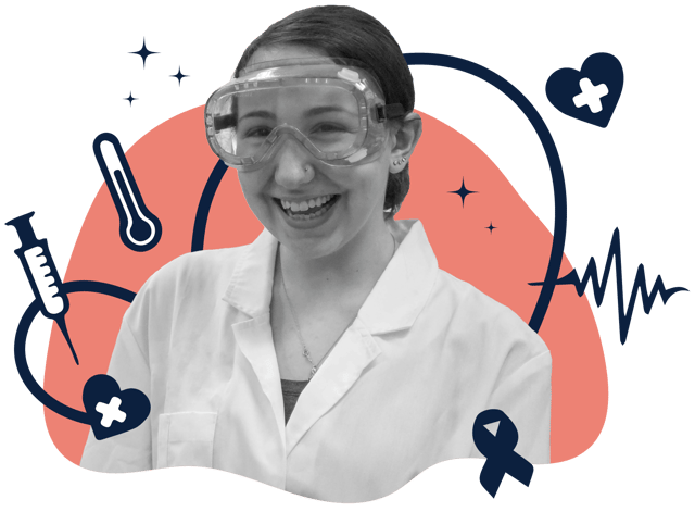 A female high school student smiling and wearing a white lab coat and goggles. Icons related to biomedical science, including a thermometer and heart, surround the image