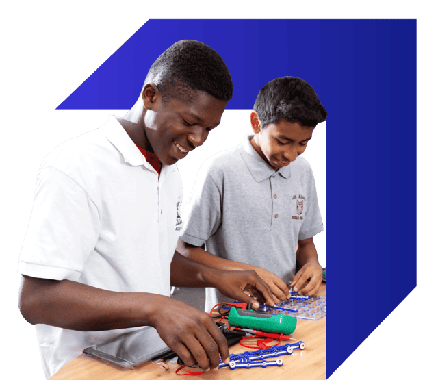 Two middle school student portraits with wayfinder logo background accent