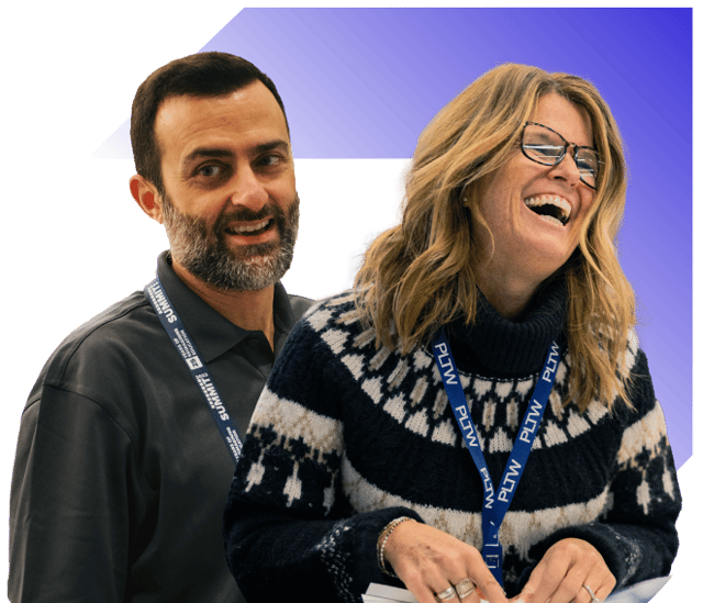 Two educator portraits with wayfinder logo background accent