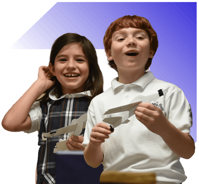 Two elementary student portraits with wayfinder logo background accent