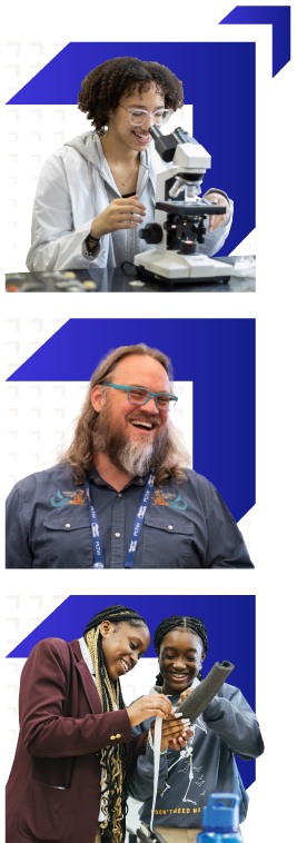 Stack of educator and student portraits with wayfinder logo background accent