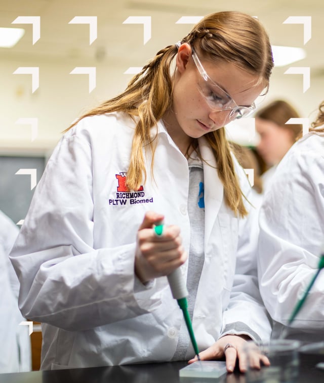 Female PLTW Biomedical Student portrait with wayfinder logo background accent