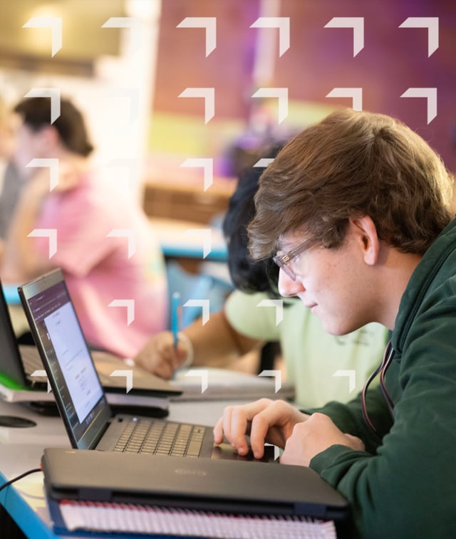 Male PLTW Computer Science Student portrait with wayfinder logo background accent