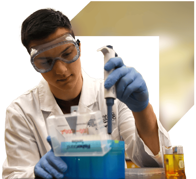 PLTW Biomedical Student portrait with wayfinder logo background accent