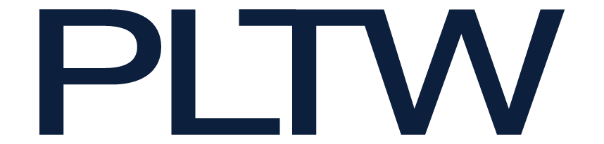 Blue Project Lead The Way PLTW letter logo on transparent or white field. 