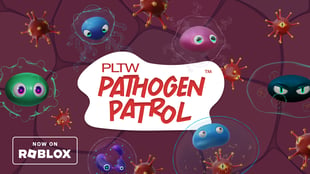 PLTW Pathogen Patrol™ logo surrounded by illustrations of pathogens and other cell types. 