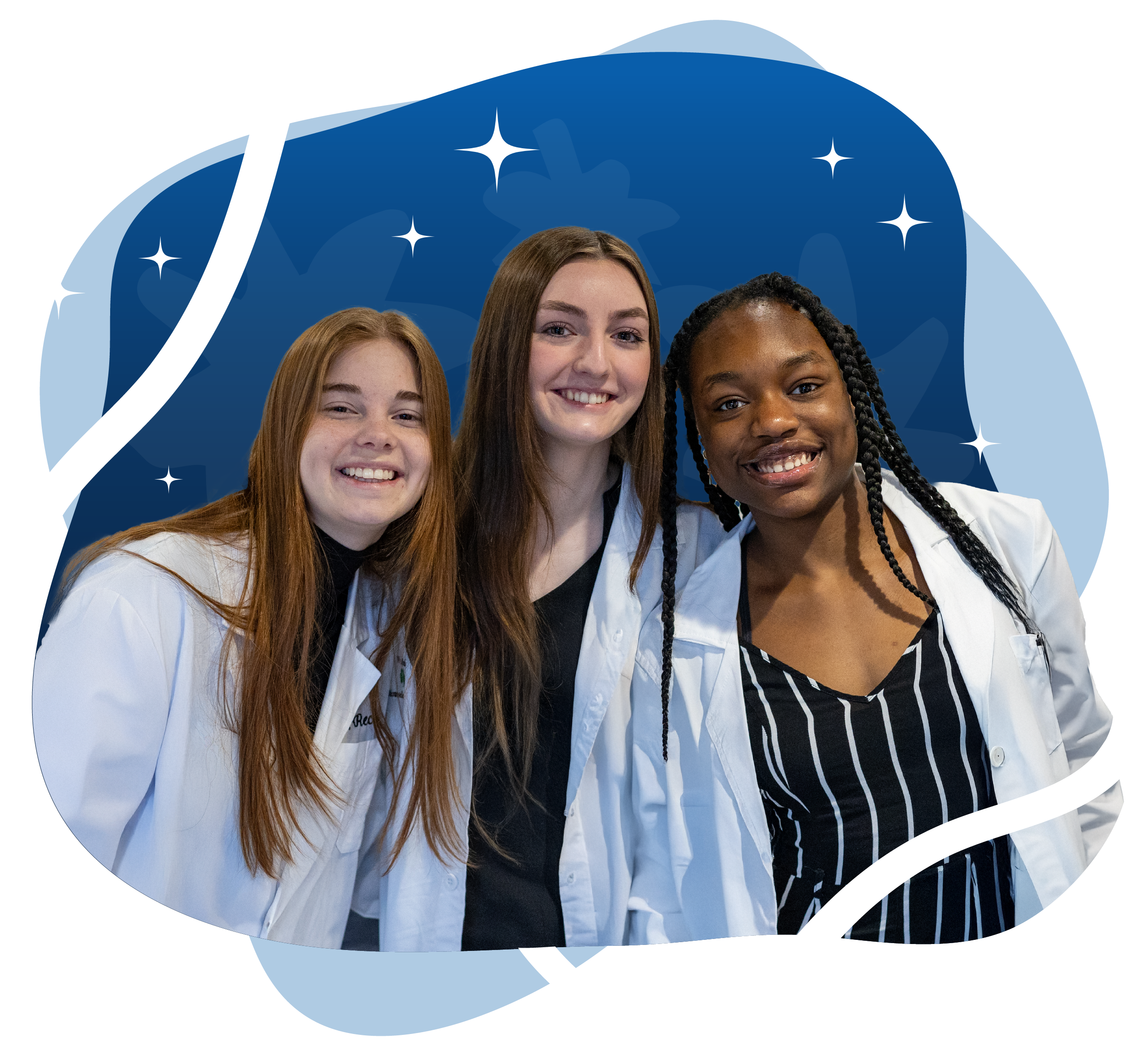 Three individuals are standing together, wearing white lab coats. The background is dark blue with star-like shapes and a wavy white line surrounding the group.